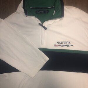 Nautica Men's XL White Green Striped Quarter Zip Collared Pullover Sweater